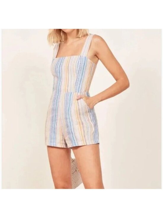 Reformation Pants - Reformation Island Striped Linen Romper Square Neck Smock Back Marbella Striped